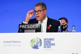 Alok Sharma, president of the Cop26 climate summit, gives his speech of the closing plenary, during an 'overun' day of the Cop26 summit in Glasgow. PIC: Jane Barlow/PA