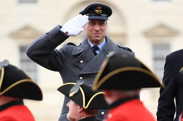 The Duke of Cambridge salutes veterans on Horse Guards Parade during the Remembrance Sunday service at the Cenotaph. PIC: Daniel Leal-Olivas/PA Wire