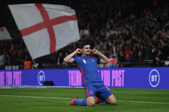 OPENER: Harry Maguire celebrates his goal. Picture: Getty Images.