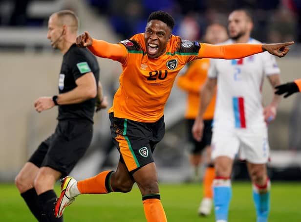 DELIGHT: Chiedozie Ogbene celebrates after scoring for Ireland. Picture: PA Wire.