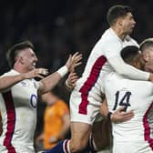 England's Freddie Steward (right) celebrates after scoring his team's first try during the Autumn International match at Twickenham Stadium (Picture: Mike Egerton/PA Wire)