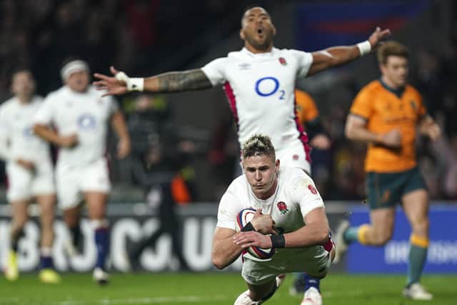 England's Freddie Steward dives to score his team's first try against Australia (Picture: PA)