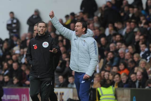 NOW HEAR THIS: Bradford City manager Derek Adams at Port Vale Picture: Simon Hulme.