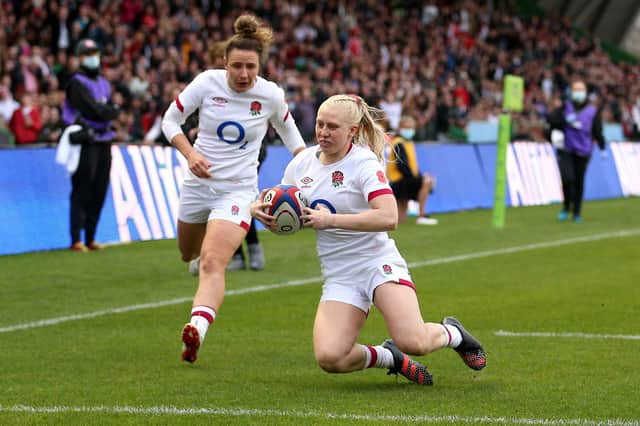 Heather Cowell dives across the line to score her first try on debut for England (Picture: PA)