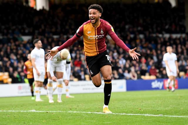 Big relief: Bradford City's Lee Angol celebrates his equalising goal against Port Vale. Picture: Simon Hulme