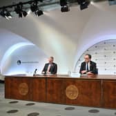 (Left-right) Deputy Governor for Monetary Policy Ben Broadbent, Governor of the Bank of England Andrew Bailey and Chief Press Officer Sebastian Walsh during the Bank of England Monetary Policy Report Press Conference at the Bank of England.