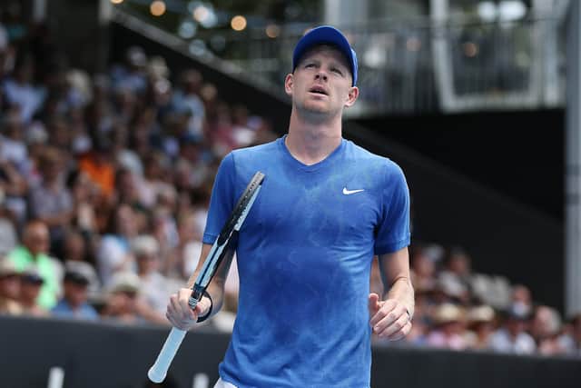 Kyle Edmund of Great Britain composes himself after a point against John Isner of USA during their quarter final match on day four of the 2020 ASB Classic at ASB Tennis Centre on January 16, 2020 in Auckland, New Zealand. (Picture: Greg Bowker/Getty Images)