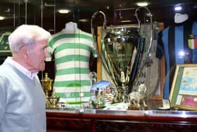 Bertie Auld with European Cup on display in the stadium boardroom at Celtic Park, Glasgow.