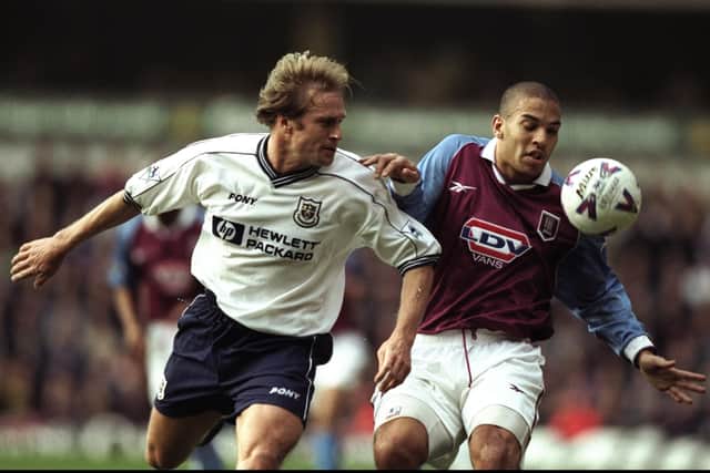 Stan Collymore of Aston Villa holds off John Scales of Tottenham Hotspur during the FA Carling Premiership match at Villa Park in 1998 (Picture: Ross Kinnaird /Allsport)