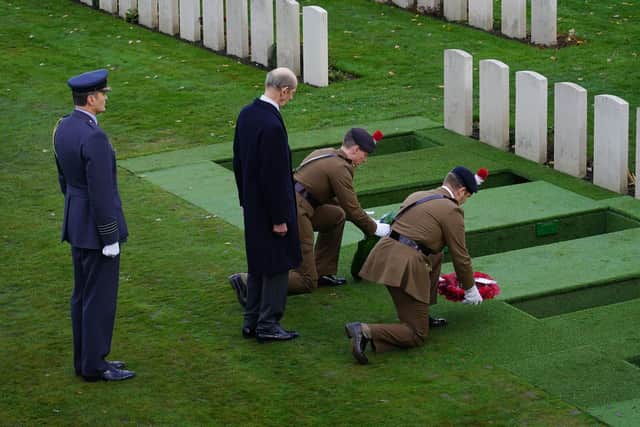 The Duke of Kent lays a wreath during the funeral service of nine British soldiers who served and died in battle of Passchendaele during the First World War