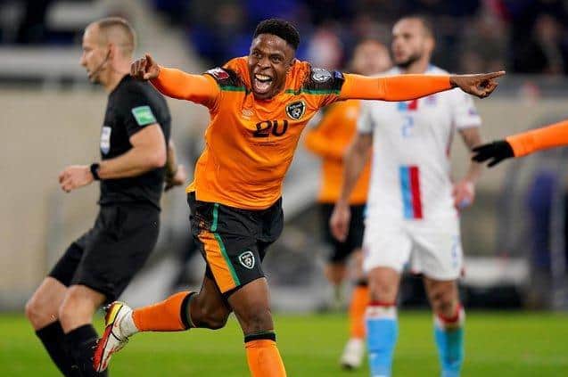 DELIGHT: Chiedozie Ogbene celebrates after scoring for Ireland. Picture: PA Wire.