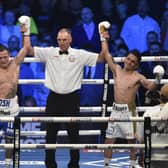 Josh Warrington and Mauricio Lara show their frustration after their fight ended in a technical draw in September. Picture: Steve Riding.