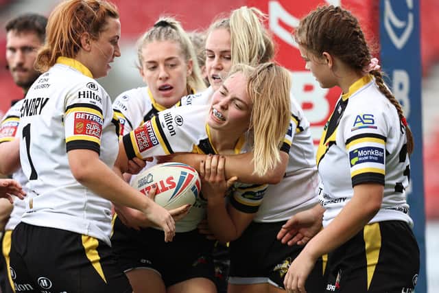 Emma Hardy of York City Knights celebrates scoring her try in the semi-final against Leeds Rhinos (Picture: SWPix.com)