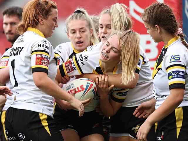 Emma Hardy of York City Knights celebrates scoring her try in the semi-final against Leeds Rhinos (Picture: SWPix.com)
