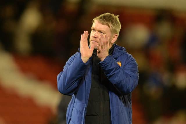 Grant McCann applauds the fans at full time after beating Barnsley at Oakwell Picture: Bruce Rollinson