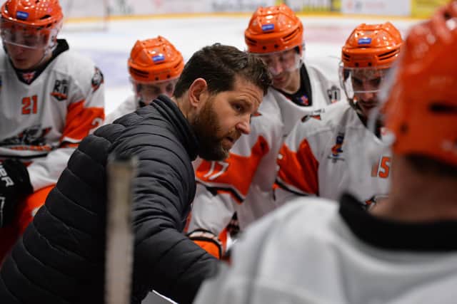 Sheffield Steelers' head coach, Aaron Fox, talks to his players during their win over Aalborg Pirates Picture: Dean Woolley.