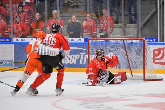 Martin latal scores Sheffield Steelers' game-winning goal against Continental Cup hosts, Aalborg Pirates. Picture: Dean Woolley.