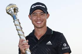 Winner: Collin Morikawa of with The DP World Tour Championship trophy after winning The DP World Tour Championship and The Race to Dubai. (Photo by Luke Walker/Getty Images)