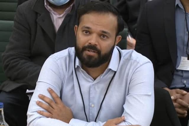 Former Yorkshire cricketer Azeem Rafiq gives evidence to a Parliamentary select committee last week.