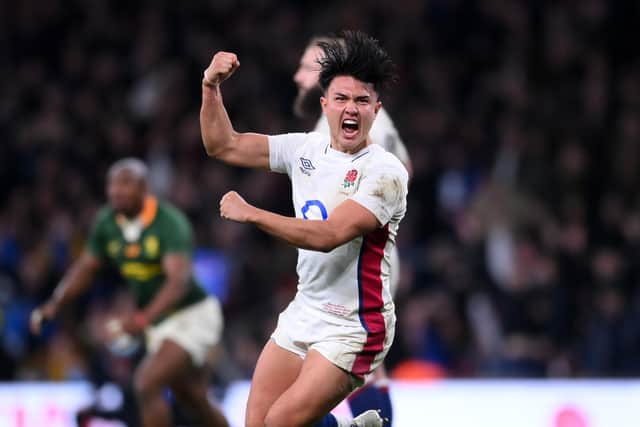 England’s Marcus Smith celebrates after being awarded a penalty on the last play which he converted to clinch a 27-26 victory for his side against South Africa. Picture: Laurence Griffiths/Getty Images.