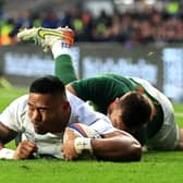 OPENIN SALVO: Manu Tuilagi is injured in the act of scoring England's first try against South Africa on Saturday. Picture:  David Rogers/Getty Images.