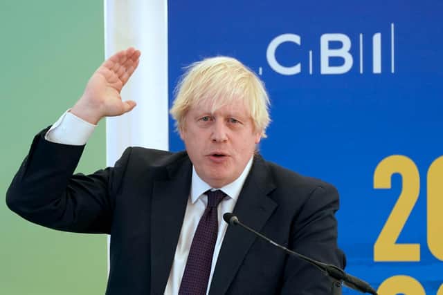Prime Minister Boris Johnson speaking during the CBI annual conference, at the Port of Tyne, in South Shields (PA)