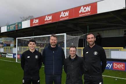 (l to r) James Fell and Andy Hall from Aon's Leeds Tingley and Harrogate offices, with Harrogate Town AFC's Connor Kirby and Rory McArdle