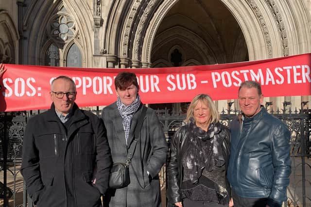 (Left-right) Christopher Stonehouse, Pauline Stonehouse, Gillian Harding and Gregory Harding outside the the Royal Courts of Justice, London. Former subpostmasters Mr Harding and Mrs Stonehouse have been been cleared by the Court of Appeal after they were wrongly convicted as a result of the Post Office Horizon scandal.