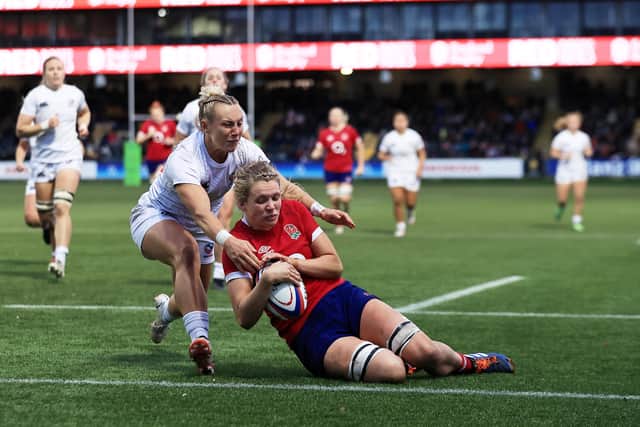 Zoe Aldcroft of England scores their seventh try during the Autumn International match between England and USA at Sixways Stadium. (Picture: David Rogers/Getty Images)