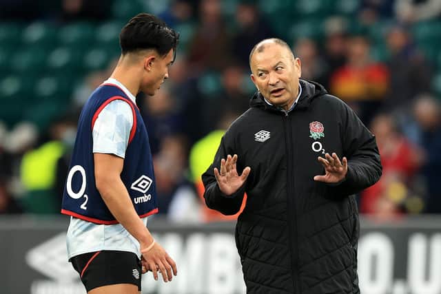 Eddie Jones, the England head coach talks to England standoff, Marcus Smith, prior to the Autumn Nations Series match between England and South Africa at Twickenham (Picture: David Rogers/Getty Images)