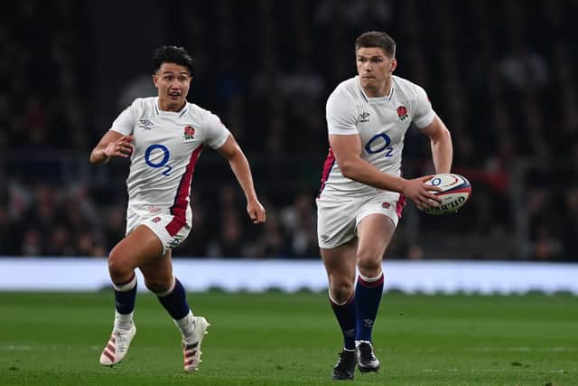In tandem: England's fly-half Marcus Smith (L) overlaps England's centre Owen Farrell (R) during the Autumn International friendly rugby union match between England and Australia at Twickenham (Picture: GLYN KIRK/AFP via Getty Images)