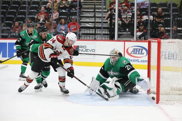 STARTING POINT: Liam Kirk scores his first goal - and first point - in the AHL for Tucson Roadrunners against Texas Stars. His season, however, has been ended by surgery required to fix an ACL injury. Picture courtesy of Tucson Roadrunners/Chris Hook.