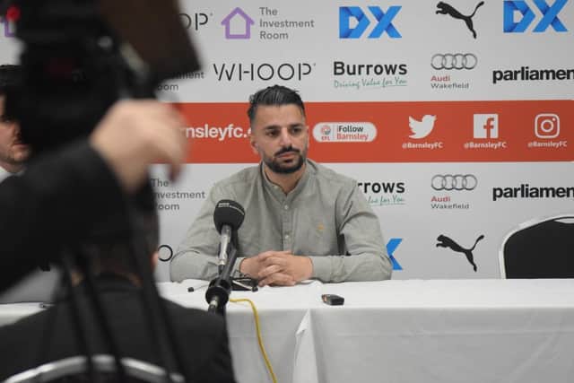 MEET THE PRESS: Poya Asbaghi, pictured at his first press conference as Barnsley head coach on Monday at Oakwell. Picture courtesy of Barnsley FC .