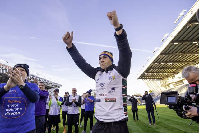 Kevin Sinfield thanks the fans and supporters at Headingley rugby stadium after completing his Extra Mile Challenge of 101 miles in 24 hours. Picture by Allan McKenzie/SWpix.com