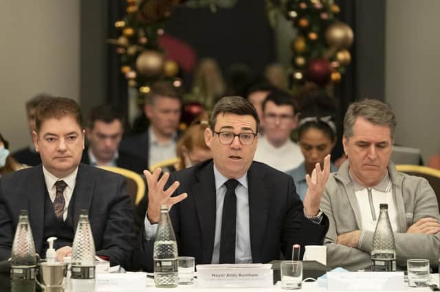 Andy Burnham (centre) speaking at the Transport for the North meeting in Leeds.