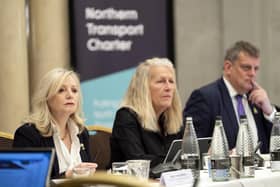 Left to right Mayor of West Yorkshire Tracy Brabin, Acting Chair Councillor Louise Gittins Cheshire West and Chester and Martin Tugwell Chief Executive Transport for the North attend a meeting of the Transport for the North Board at the Queens Hotel in Leeds (PA)