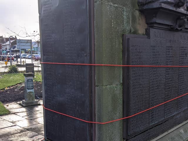 The war memorial has now been repaired after residents used rope to secure a bronze plaque on the momument.