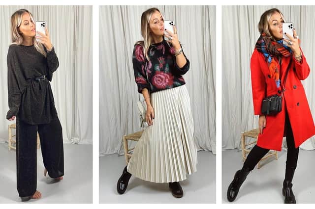 Leigh models the clothes and takes selfies for the website. Annie shimmer top, is £26 and Sandy pants are £22; pleated maxi skirt, £24, with floral jumper, from a selection; red coat, £59. All from The Style Attic.