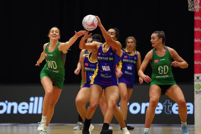 Brie Grierson of Leeds Rhinos is tackled by Lucy Howells of Celtic Dragons during the Vitality Netball Superleague round 1 match between Celtic Dragons and Leeds Rhinos at Studio 001 on February 12, 2021 in Wakefield, England. (Picture: by Jan Kruger/Getty Images for Vitality Netball Superleague)