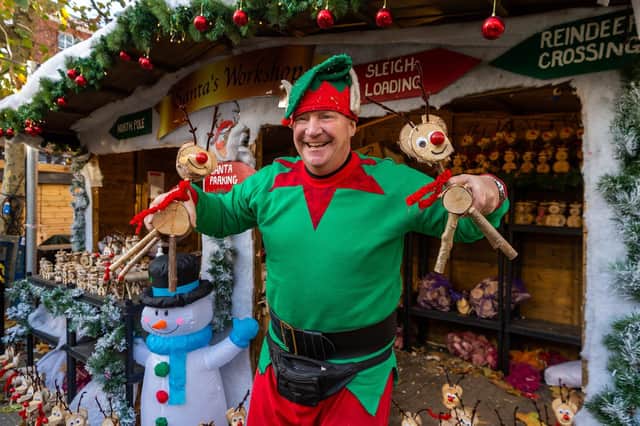 Ernie the Elf in front of Santa's Workshop at the York Christmas Market. (Pic credit: James Hardisty)