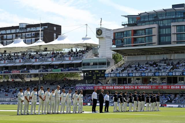 Members of the England team stand for a Moment of Unity whilst wearing Anti-Discrimination T-shirts alongside New Zealand and the Officials prior to Day 1 of the First LV= Insurance Test Match between England and New Zealand at Lord's Cricket Ground. (Picture: Shaun Botterill/Getty Images)