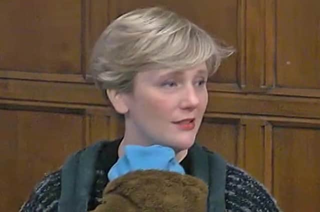 Picture from House of Commons TV of Labour MP Stella Creasy with her son, Pip, during a Westminster Hall debate on Tuesday. Picture date: Tuesday November 23, 2021. PA Photo. The Commons Speaker has requested a review into whether members can take babies into the chamber amid an outcry after the Walthamstow MP was told that she can no longer have her three-month-old son with her.