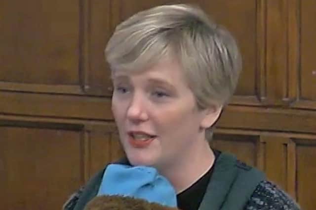 Picture from House of Commons TV of Labour MP Stella Creasy with her son, Pip, during a Westminster Hall debate on Tuesday. Picture date: Tuesday November 23, 2021. PA Photo. The Commons Speaker has requested a review into whether members can take babies into the chamber amid an outcry after the Walthamstow MP was told that she can no longer have her three-month-old son with her.