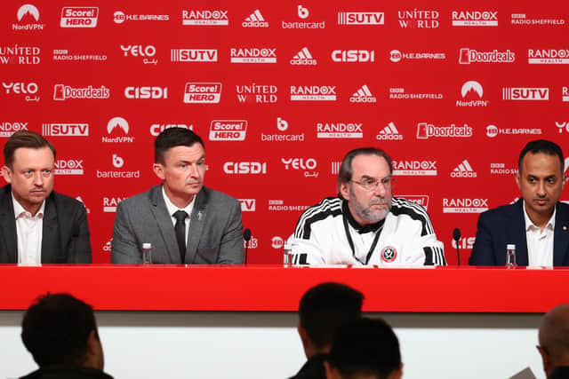 COMMITTEE: CEO Stephen Bettis, Paul Heckingbottom, chairman Yusuf Giansiracusa and director Abdullah bin Yousef Alghamdi at a press conference to unveil Paul Heckingbottom as the new Sheffield United manager. Picture: Simon Bellis/Sportimage
