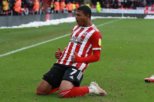UP AND RUNNING: Sheffield United's Rhian Brewster celebrates scoring the first goal against Bristol City at Bramall Lane. Picture: Simon Bellis/Sportimage
