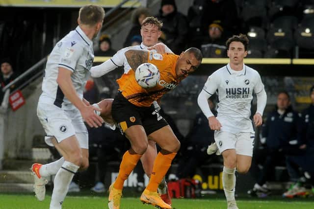 Driving force: Hull City's Josh Magennis breaks through the Millwall defence. Picture: Simon Hulme.