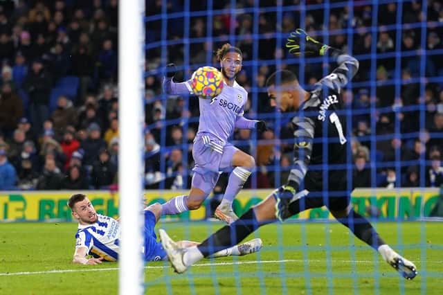 Leeds United's Tyler Roberts (centre) sees a shot saved by Brighton and Hove Albion goalkeeper Robert Sanchez on Saturday. Picture: Adam Davy/PA