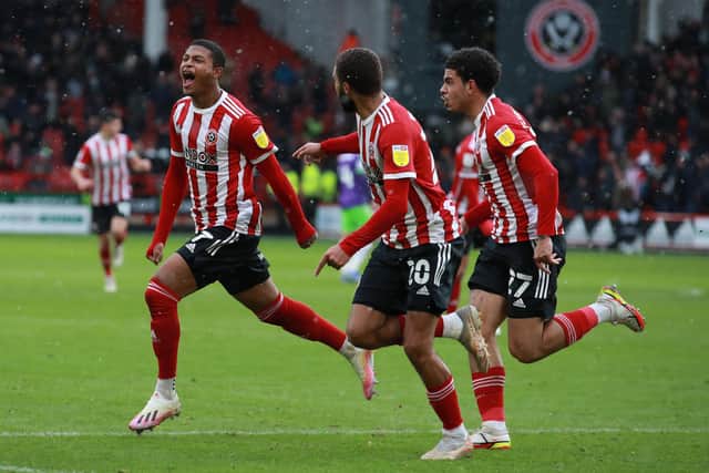 Sheffield United's Rhian Brewster celebrates scoring his first-ever goal at BRamall Lane on Saturday. Picture: Simon Bellis/Sportimage