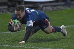OVER THE LINE: Doncaster Knights’ Billy McBryde scores their third try. Pictures: Andrew Roe
