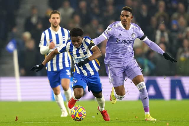 Tormented: Brighton and Hove Albion's Tariq Lamptey (left) gave Leeds United's Junior Firpo a torrid evening at the Amex. Picture: Adam Davy/PA Wire